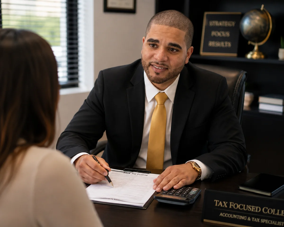 Miguel Matos reviewing a tax return with a client at TaxFocused Collab